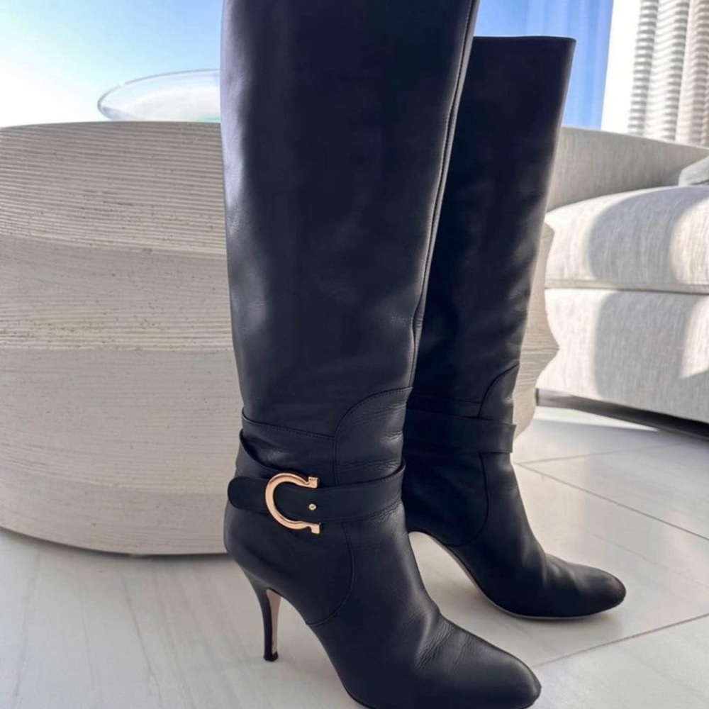 Ferragamo tall black leather boots gold gancini